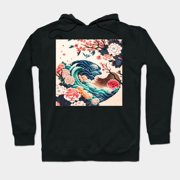 Great wave and flower tree Hoodie by LittleNippon